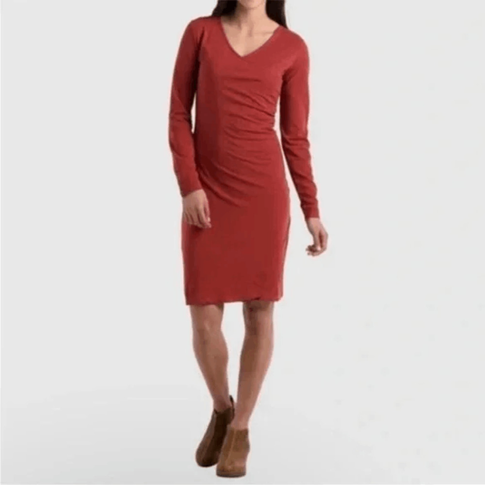 KUHL Vienna Faux Wrap Ruched Dress red Long Sleeves stretch women's small S